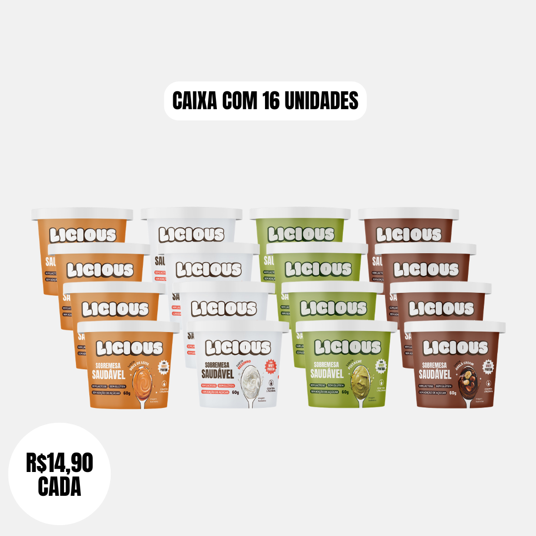 Kit 16 unidades: Sobremesa Saudável Licious® - Quatro Sabores de Cada - 960g
